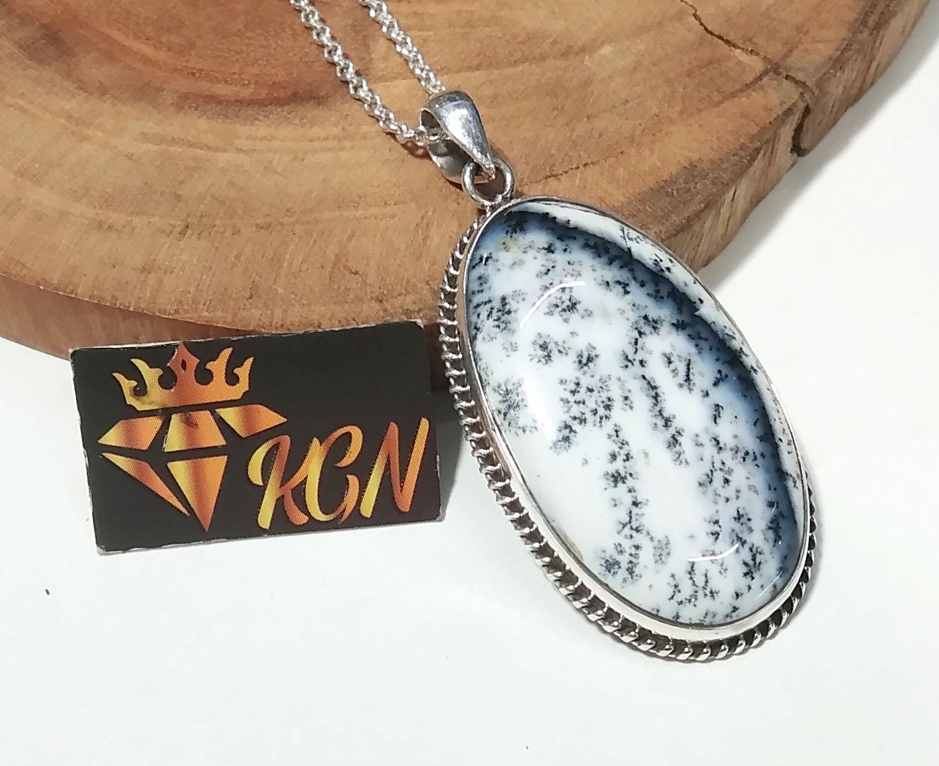 Amazing Design Dendrite Opal Gemstone Pendant Chain Necklace, Natural Dendrite Stone With 925 Sterling Silver Pendant, Gift Wedding Jewelry